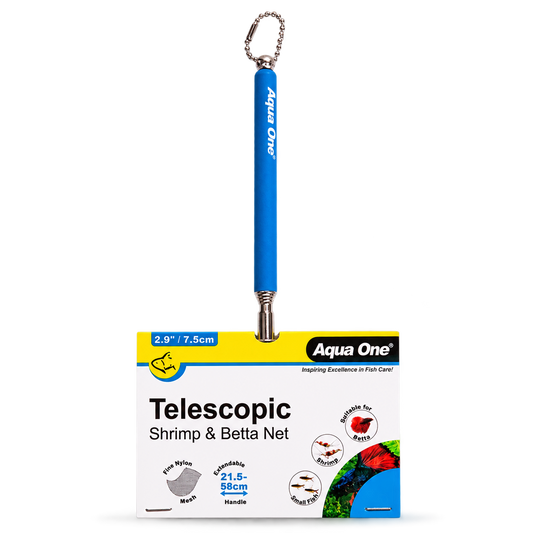 Aqua One telescopic fine mesh aquarium net for shrimp and bettas, with a 7.5 x 7cm square net and extendable stainless-steel handle.