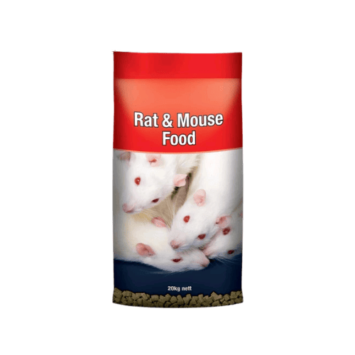 Bag of rat and mouse food with red and blue label on a transparent background
