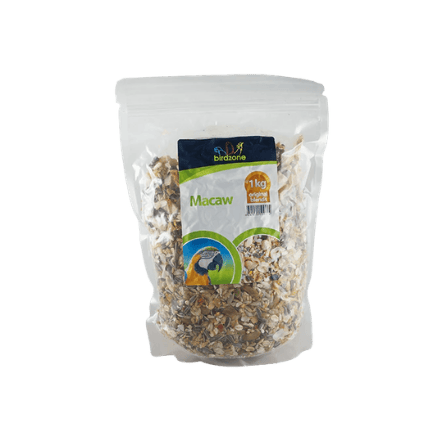 Bag of birdseed labeled 'Macaw' with a clear background