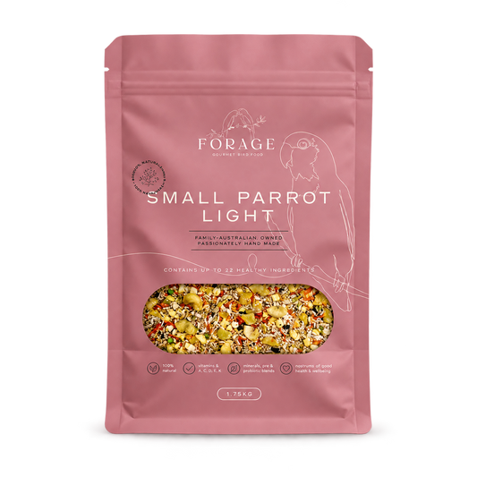 1.75kg bag of Forage Gourmet Small Parrot Light Seed Mix, a lower-fat blend of seeds, grains, fruit and vegetables.