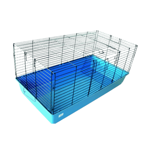 Pet cage with blue bottom and wire top on a transparent background